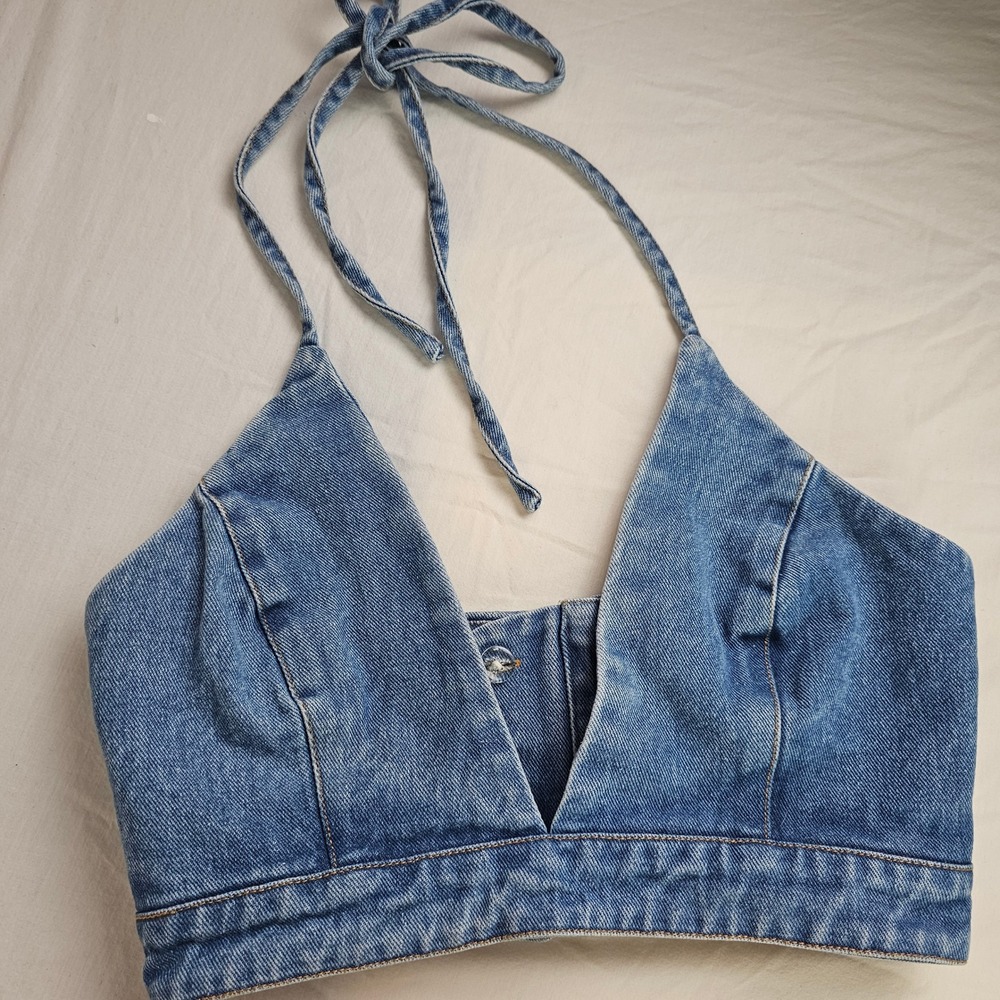 Bardot Womens XS Blue Denim Halter Tie Crop Top Zip Back V-Neck 91380TB